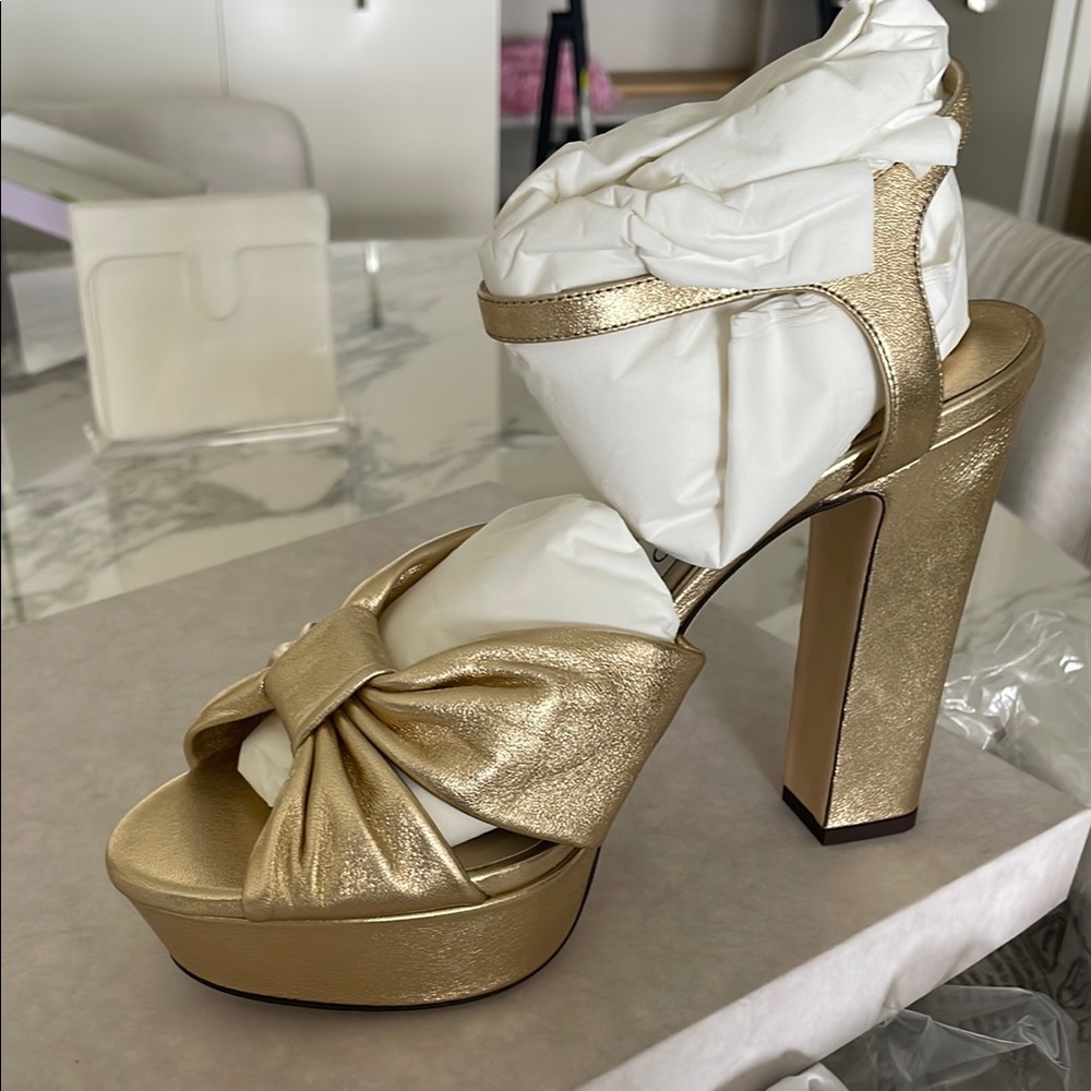 JIMMY CHOO Gold High-Heeled Sandals with Platform Sole